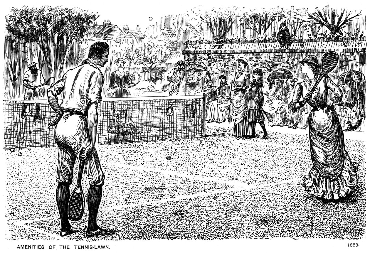 Faciliteter på tennisplænen, 1883 1891. af George du Maurier