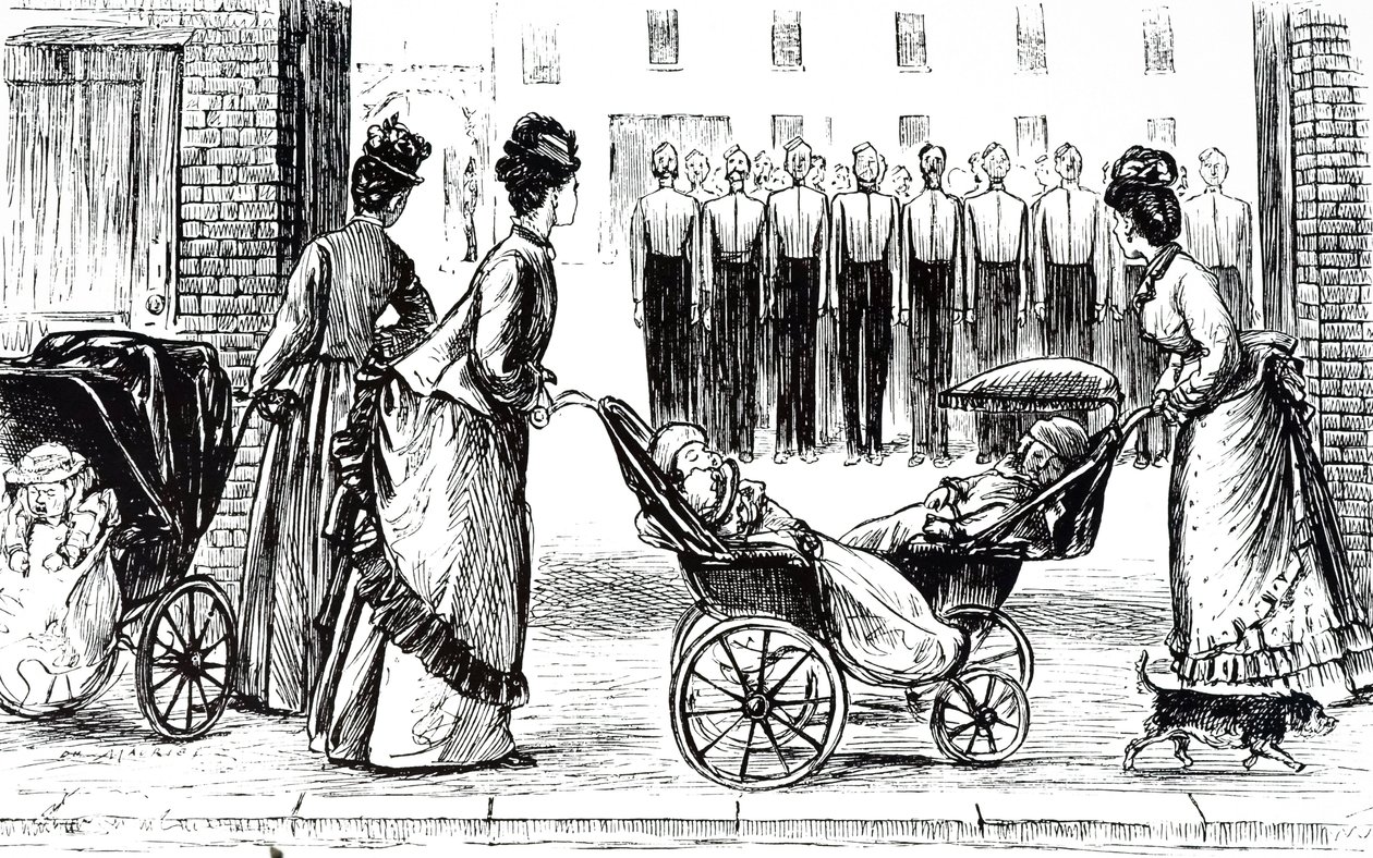 En gravering, der forestiller børnepiger, der kører rundt med børn i perambulationer. Illustreret af George du Maurier (1834-1896), en fransk-britisk tegneserieskaber og forfatter af George du Maurier