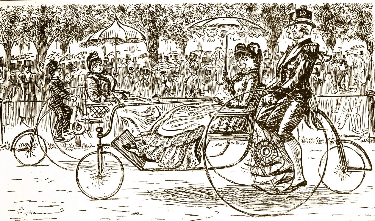 En gravering, der forestiller passagerer, der kører i cykelvogne. Illustreret af George du Maurier (1834-1896), en fransk-britisk tegneserieskaber og forfatter af George du Maurier