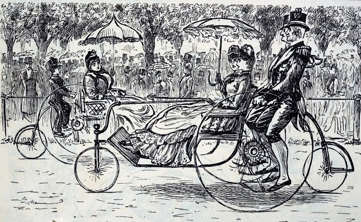 En gravering, der forestiller passagerer, der kører i cykelvogne. Illustreret af George du Maurier (1834-1896), en fransk-britisk tegneserieskaber og forfatter af George du Maurier