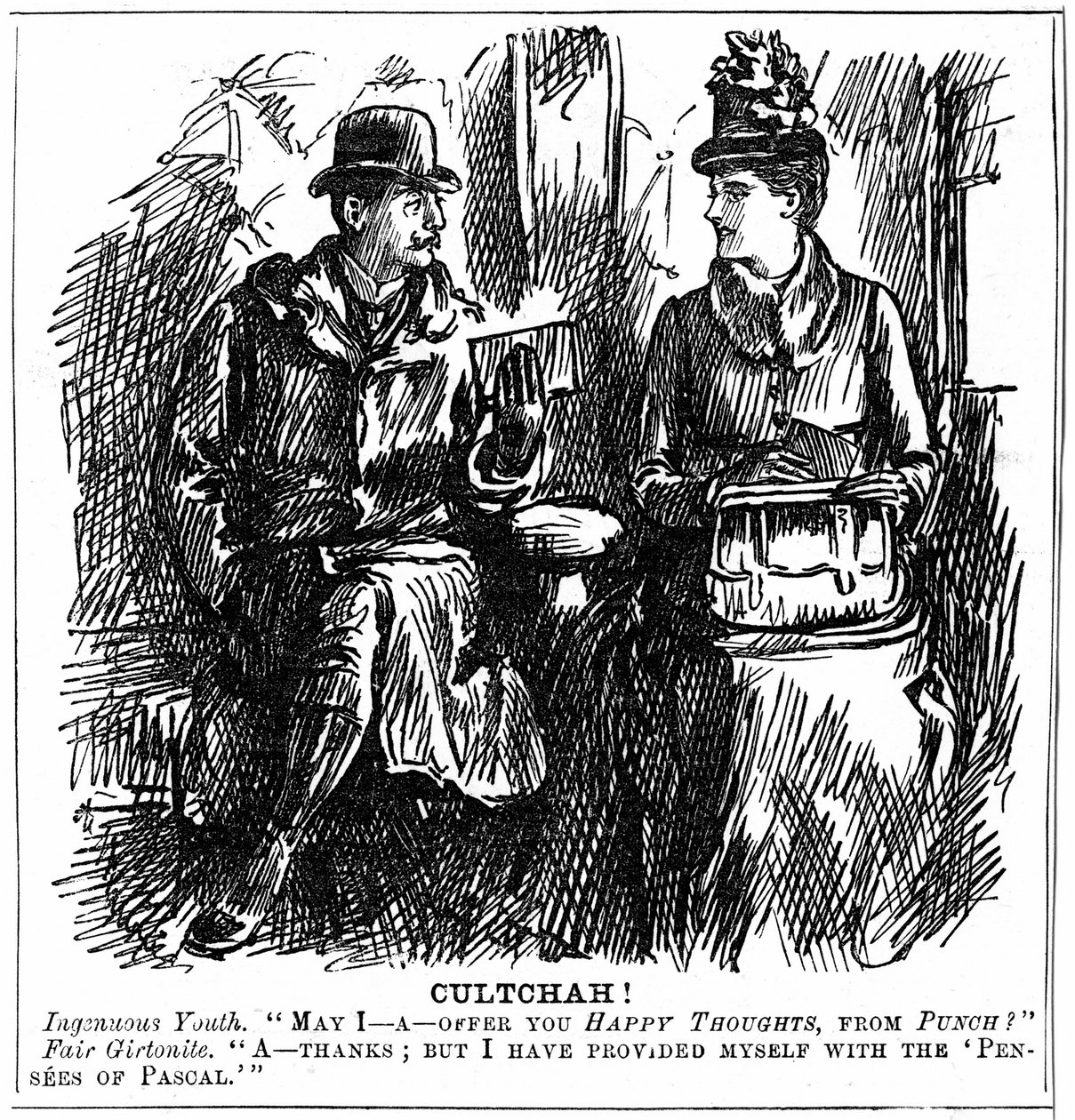 Fordele ved universitetsuddannelse for kvinder. George du Maurier tegneserie fra Punch London 8. december 1887. Ung mand i jernbanevogn tilbyder kandidat fra Girton, Cambridge, lidt let læsning til rejsen. Hun afslår yndefuldt, da hun har udstyret hende af George du Maurier