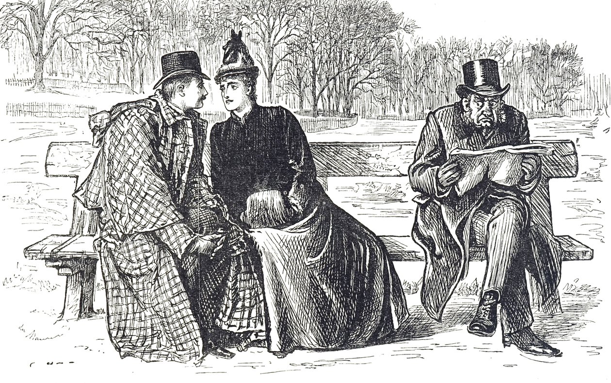 Tegneserie, der skildrer et par, der udveksler kærlighed på bænken i parken, mens manden ved siden af dem ser på med misbilligelse af George du Maurier