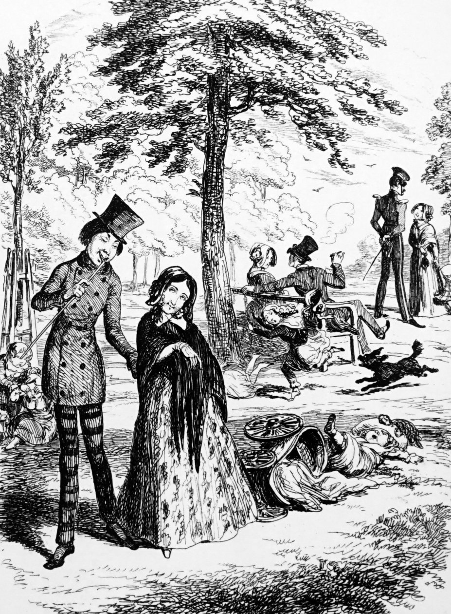 Tegneserie, der forestiller en hushjælp, der går med sin elsker, af George du Maurier (1834-1896), en fransk-britisk tegneserieskaber og forfatter af George du Maurier