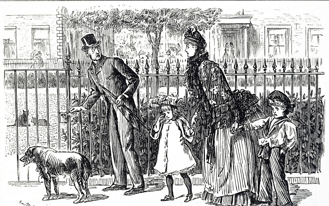 Tegneserie, der forestiller en familie, der går på gaderne i det victorianske London af George du Maurier