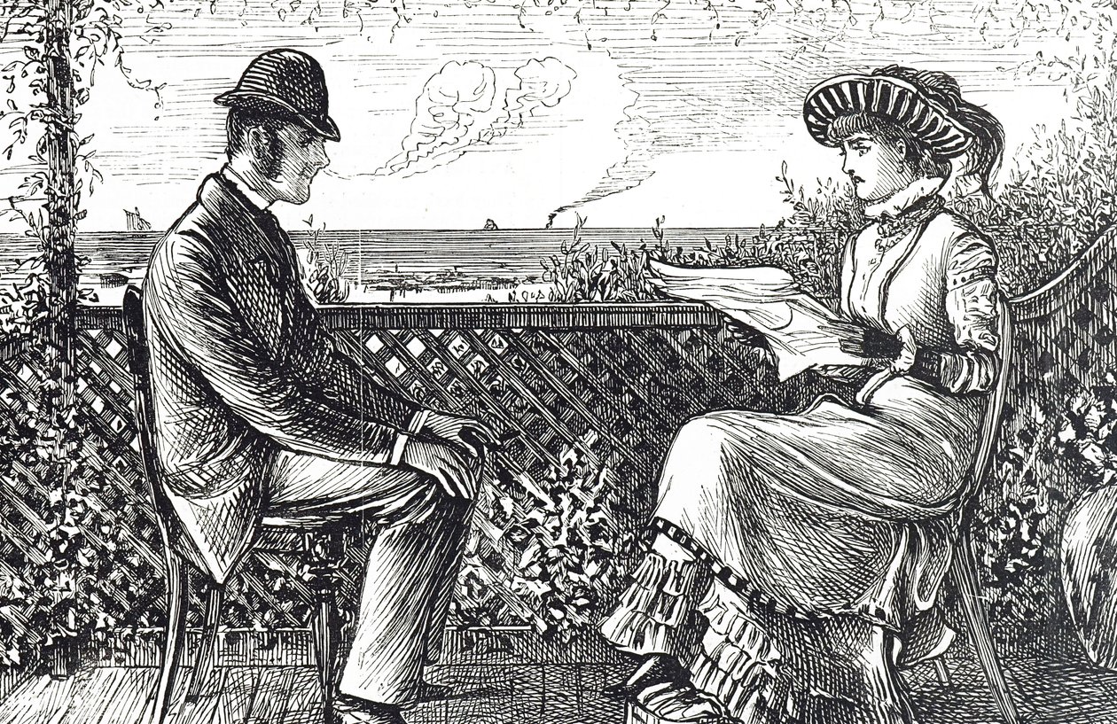 Tegneserie af mand og kone - manden er ansvarlig for sin kones gæld, medmindre han har offentliggjort en tilbagekaldelse af sit ansvar af George du Maurier