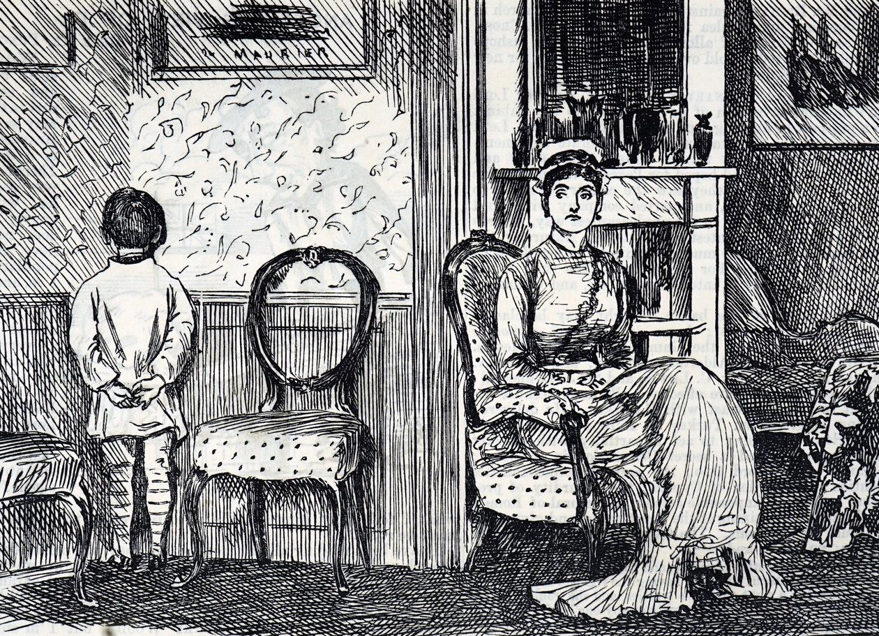 Tegneserie, der skildrer en mor, der straffer sin søn ved at få ham til at stå vendt mod væggen af George du Maurier