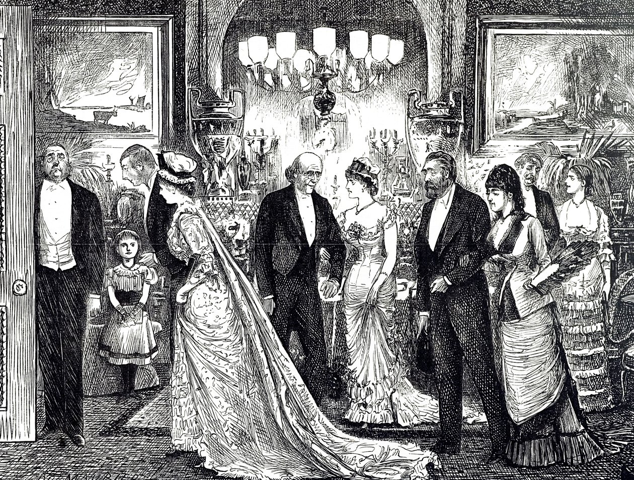 Tegneserie, der skildrer en elegant soirée i et victoriansk hjem af George du Maurier