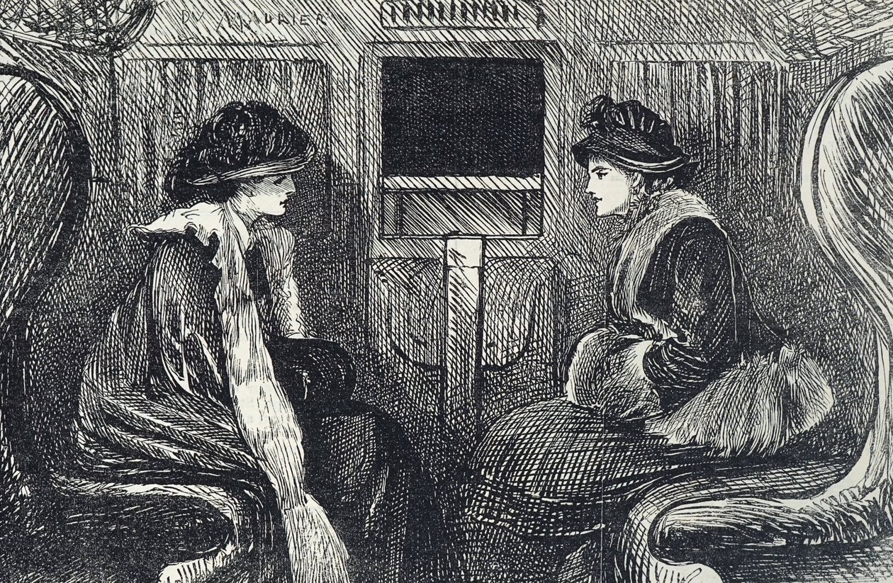 Tegneserie af passagerer i Londons undergrundsbane af George du Maurier