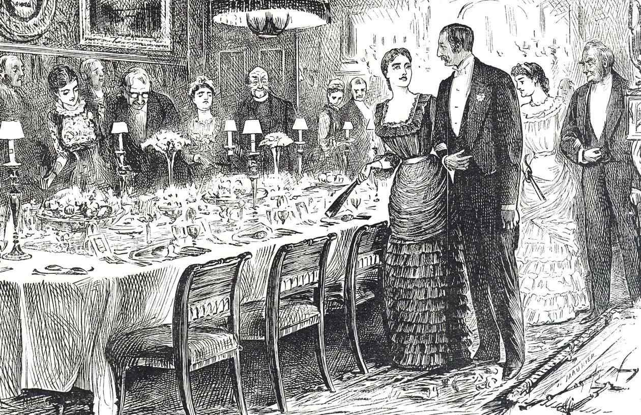 Tegnefilm med titlen "Going into Dinner", der viser et ungt par på vej ind i en spisestue af George du Maurier