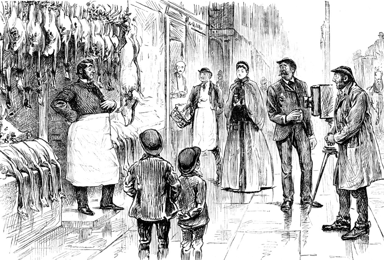 Gravering, der forestiller en slagter og poulterer, der fotograferes foran sin juleudstilling af George du Maurier. George du Maurier (1834-1896), en fransk-britisk tegneserieskaber og forfatter. Dateret 1800-tallet ©UIG/Leemage af George du Maurier
