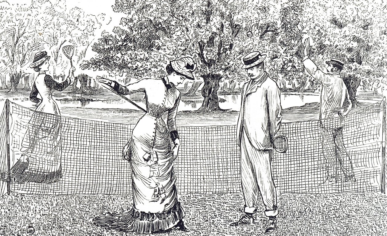Gravering af en kvindelig tennisspiller i ubehag på grund af hendes nye gummisko af George du Maurier