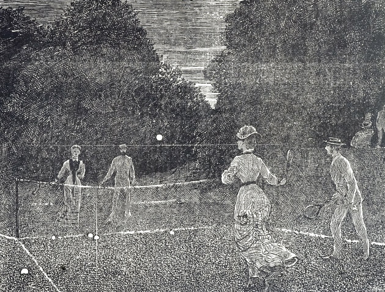 Gravering, der viser brugen af hvid fosformaling, der anbefales til tennisspillere af George du Maurier