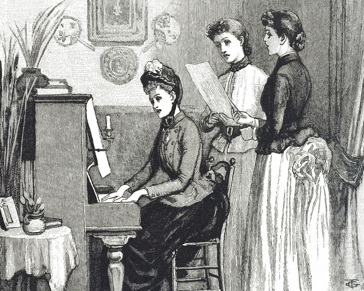 Gravering, der forestiller unge damer, der synger i tegnestuen af George du Maurier