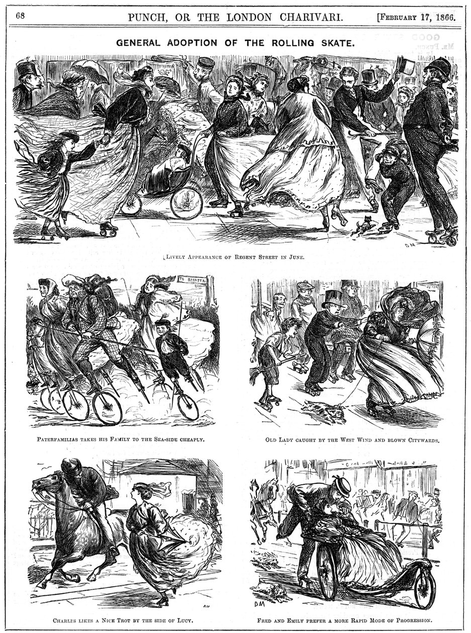 Generel vedtagelse af rulleskøjten. George du Maurier tegnefilm fra Punch af George du Maurier