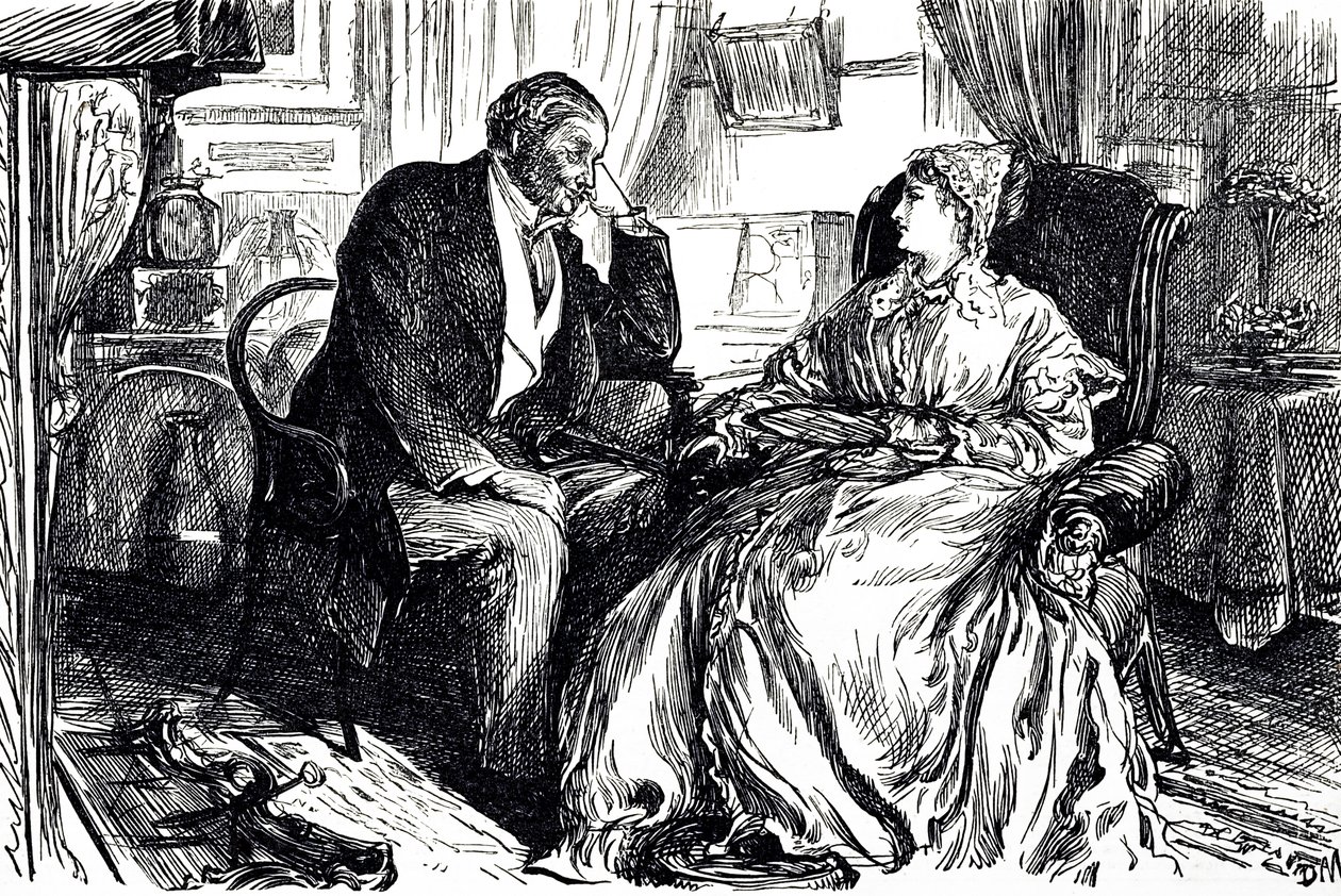 Georges du Maurier tegneserie, der illustrerer en mand og kvinde i samtale om de beroligende fordele ved tran. England 1869 af George du Maurier