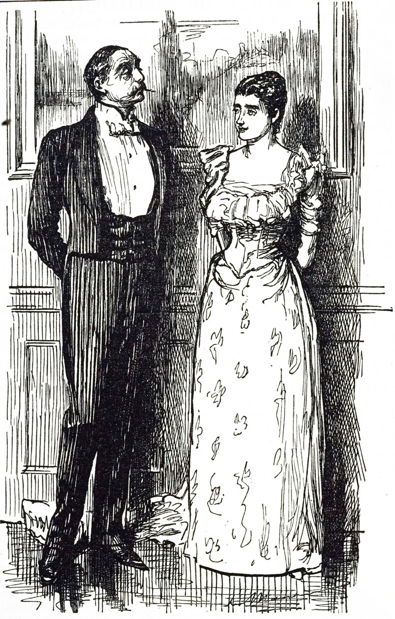 Georges du Maurier tegneserie, der illustrerer en mand og kvinde i samtale ved en samfundsbegivenhed, England 1891 af George du Maurier