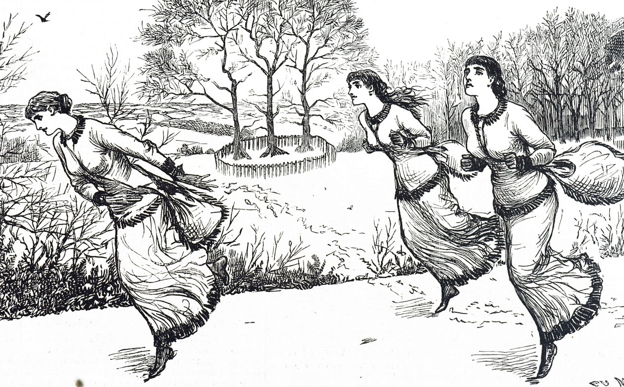 Illustration, der viser piger, der sætter sporet efter haren og hundene af George du Maurier