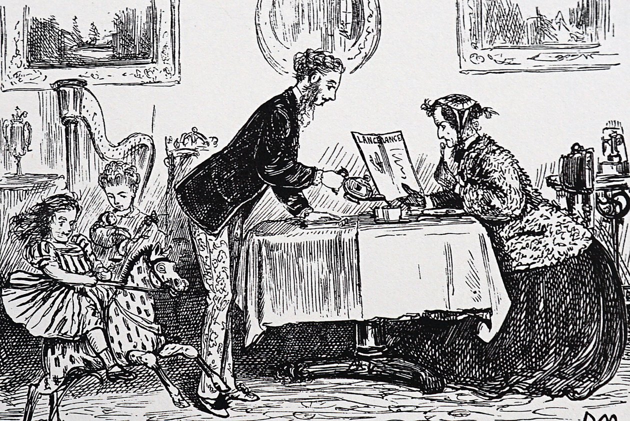 I 1865 fik Elizabeth Garrett Anderson licens til at praktisere medicin som den første kvindelige læge af George du Maurier