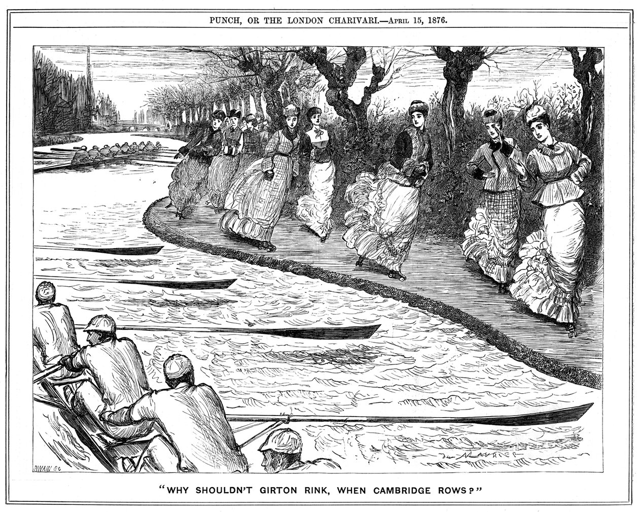 Rulleskøjteløb meget i mode. Kvindelige studerende fra Girton på trækstien vinker til roere, der ror på floden. George du Maurier tegnefilm fra Punch, London af George du Maurier
