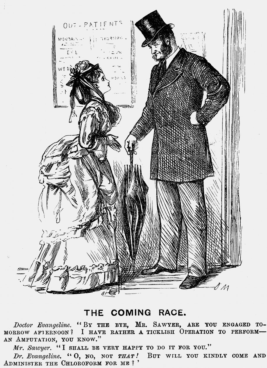 Det kommende løb. Fremtidens kirurg. George du Maurier tegneserie fra Punch London 14. september 1872, der viser den nedladende holdning kvinder i lægestanden kunne forvente af mandlige kolleger. Gravering. af George du Maurier