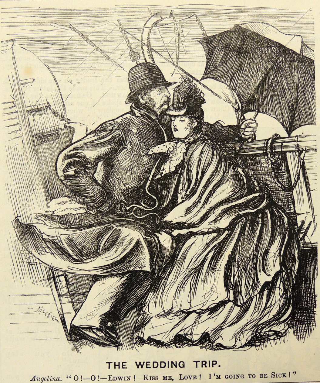 Bryllupsturen: Bryllupsrejsepar, der lider af søsyge, mens de krydser Den Engelske Kanal. George du Maurier tegnefilm fra 