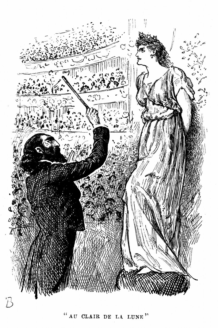 Trilby den tonedøve? som ikke kunne kende et C fra et F, der gav koncert under Svengalis hypnotiske indflydelse. Illustration af George Du Maurier til hans roman Trilby, London af George du Maurier