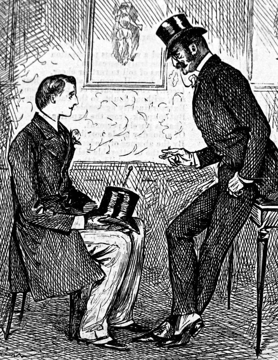 To herrer, der ryger en cigar og taler efter middagen af George du Maurier