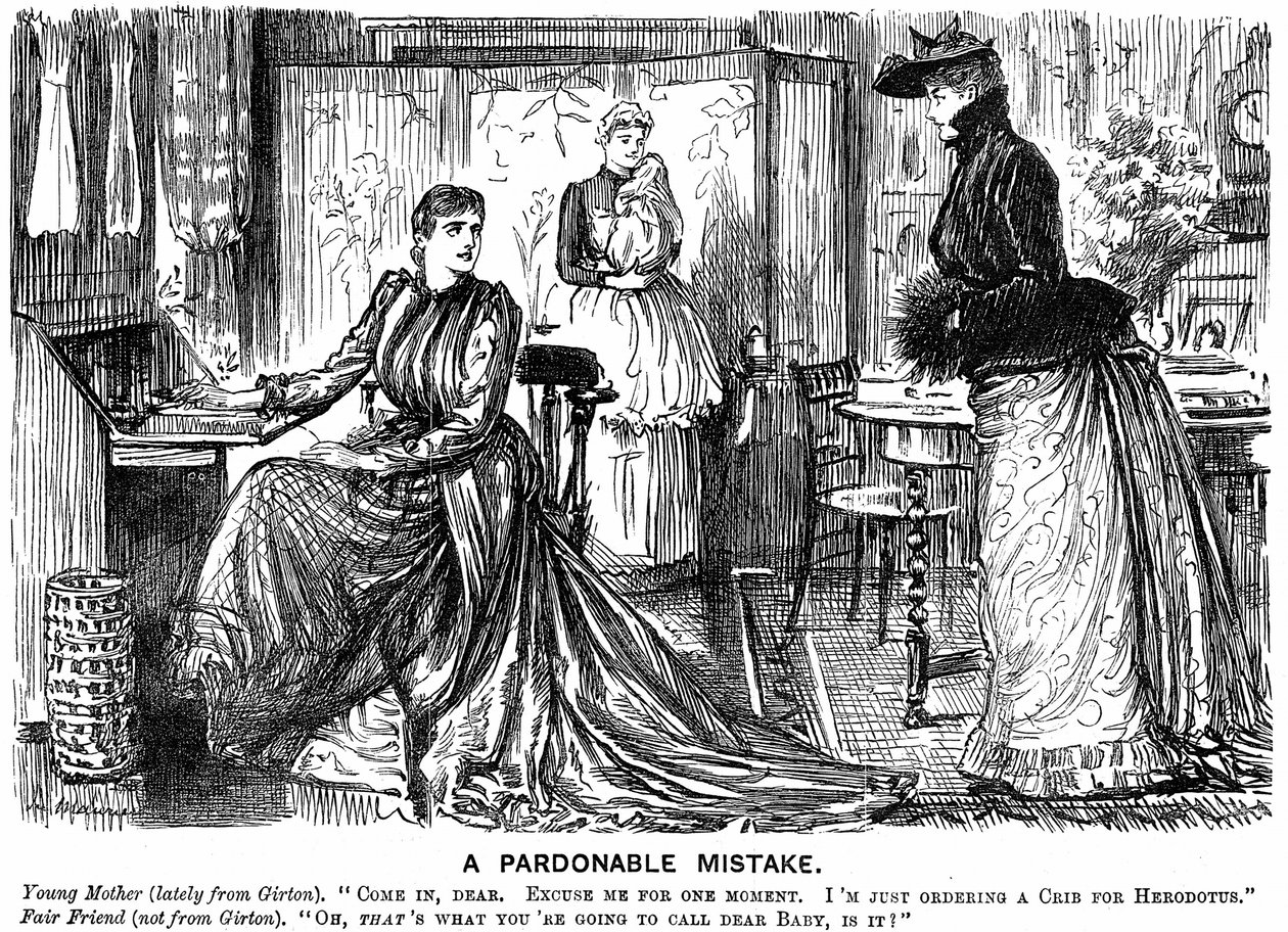 Universitetsuddannelse for kvinder, der gør deres samtale forvirrende for deres mindre uddannede venner. George du Maurier tegnefilm fra Punch London 7. december 1889. Gravering af George du Maurier