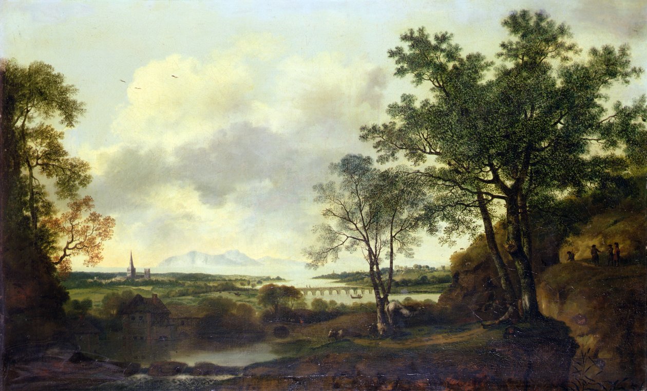 En capriccio udsigt over Chichester, med figurer og kvæg i forgrunden af George of Chichester Smith