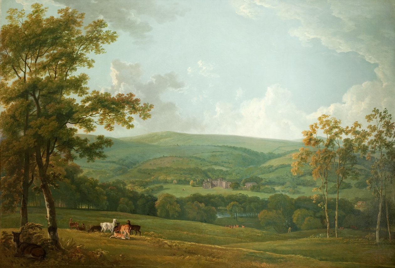 Et fjernt billede af Towneley Hall, ca. 1777 af George the Elder Barret