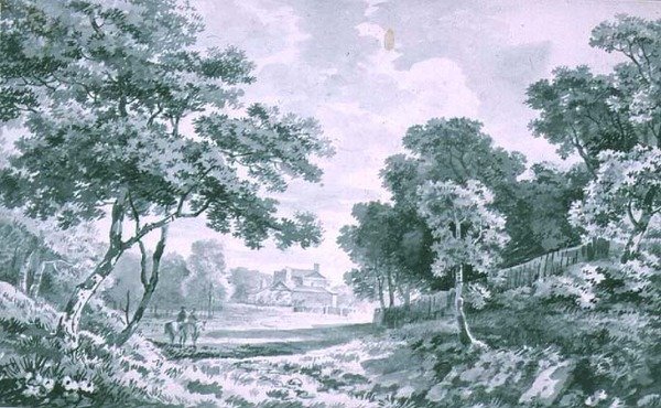 Et hus set over åbent parklandskab af George the Elder Barret