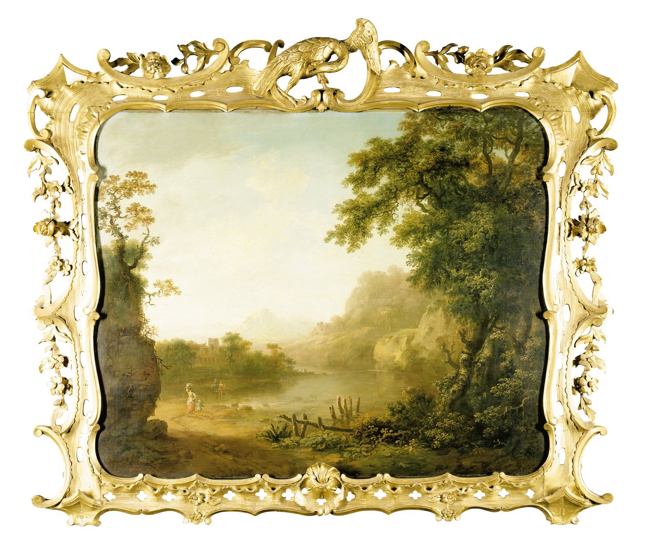 Et italiensk skovklædt flodlandskab med figurer i forgrunden og en landsby bagved, 1755 af George the Elder Barret