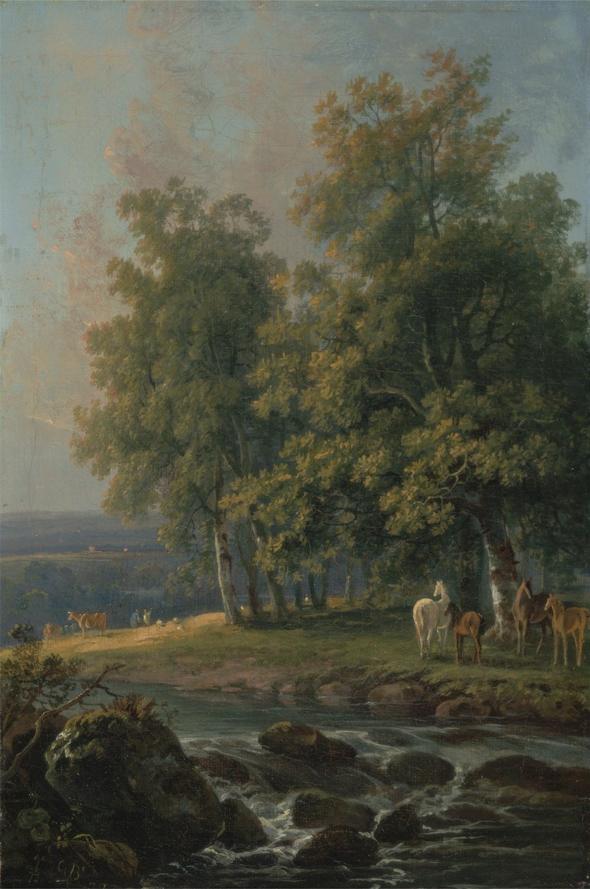 Heste og kvæg ved en flod, 1777 af George the Elder Barret