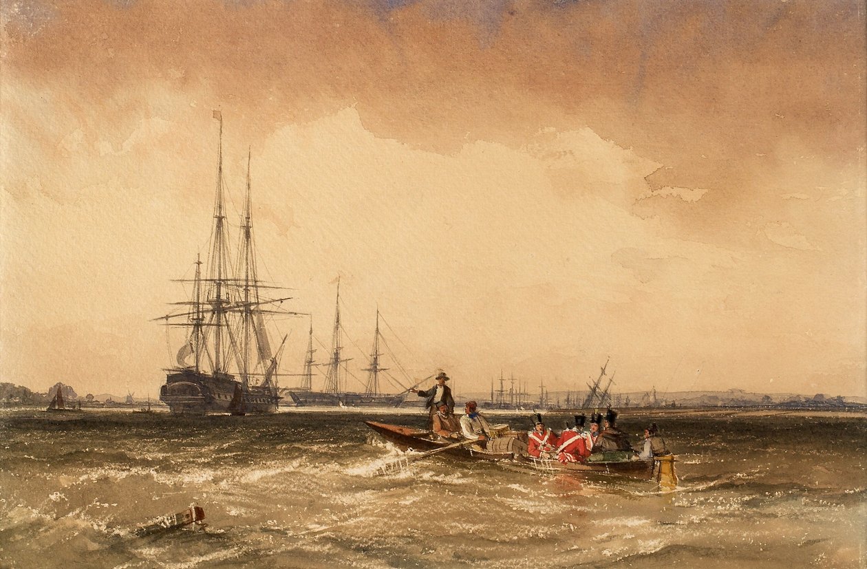 På Medway (marinesoldater på vej ud til Indiaman, Northfleet) af George the Elder Chambers
