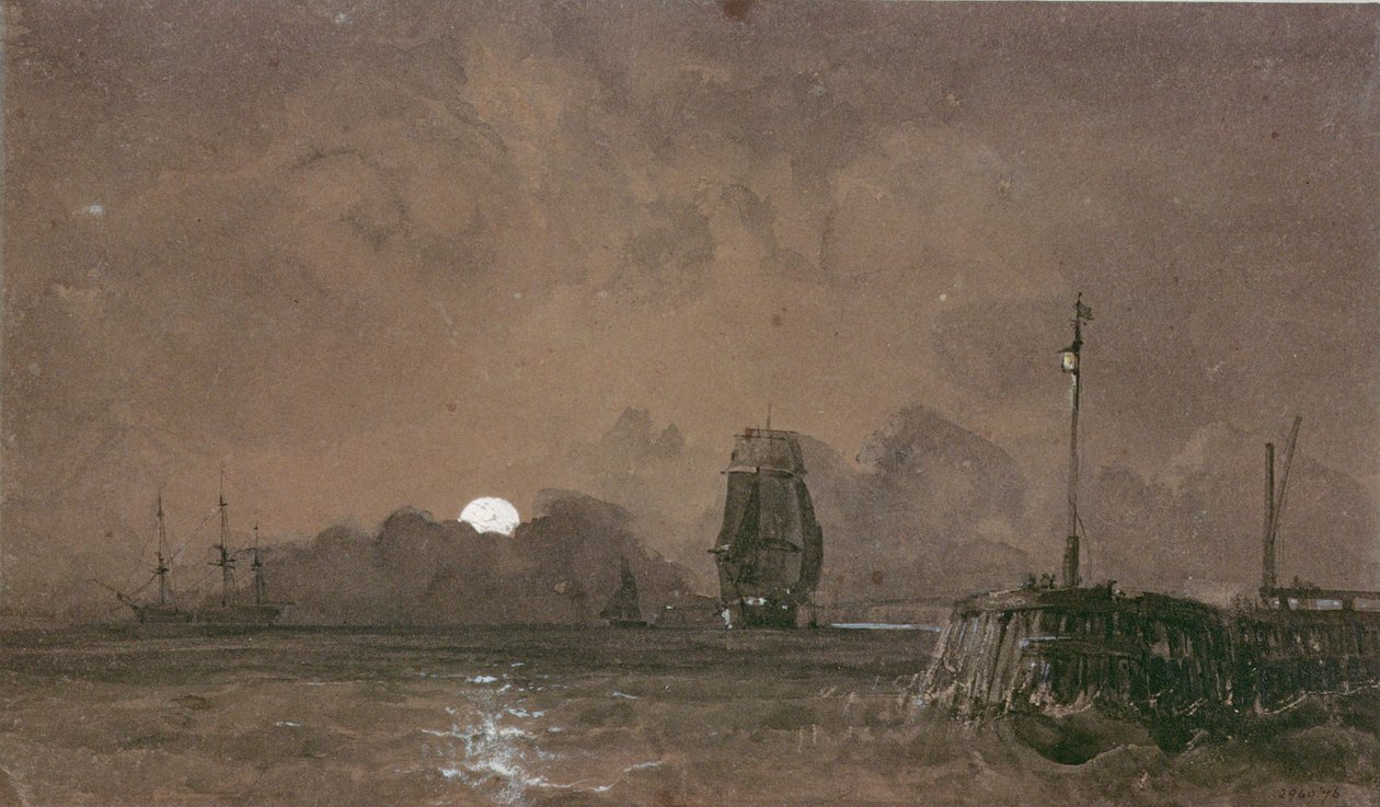 Sunderland Harbour: Moonlight, 1800-tallet af George the Elder Chambers