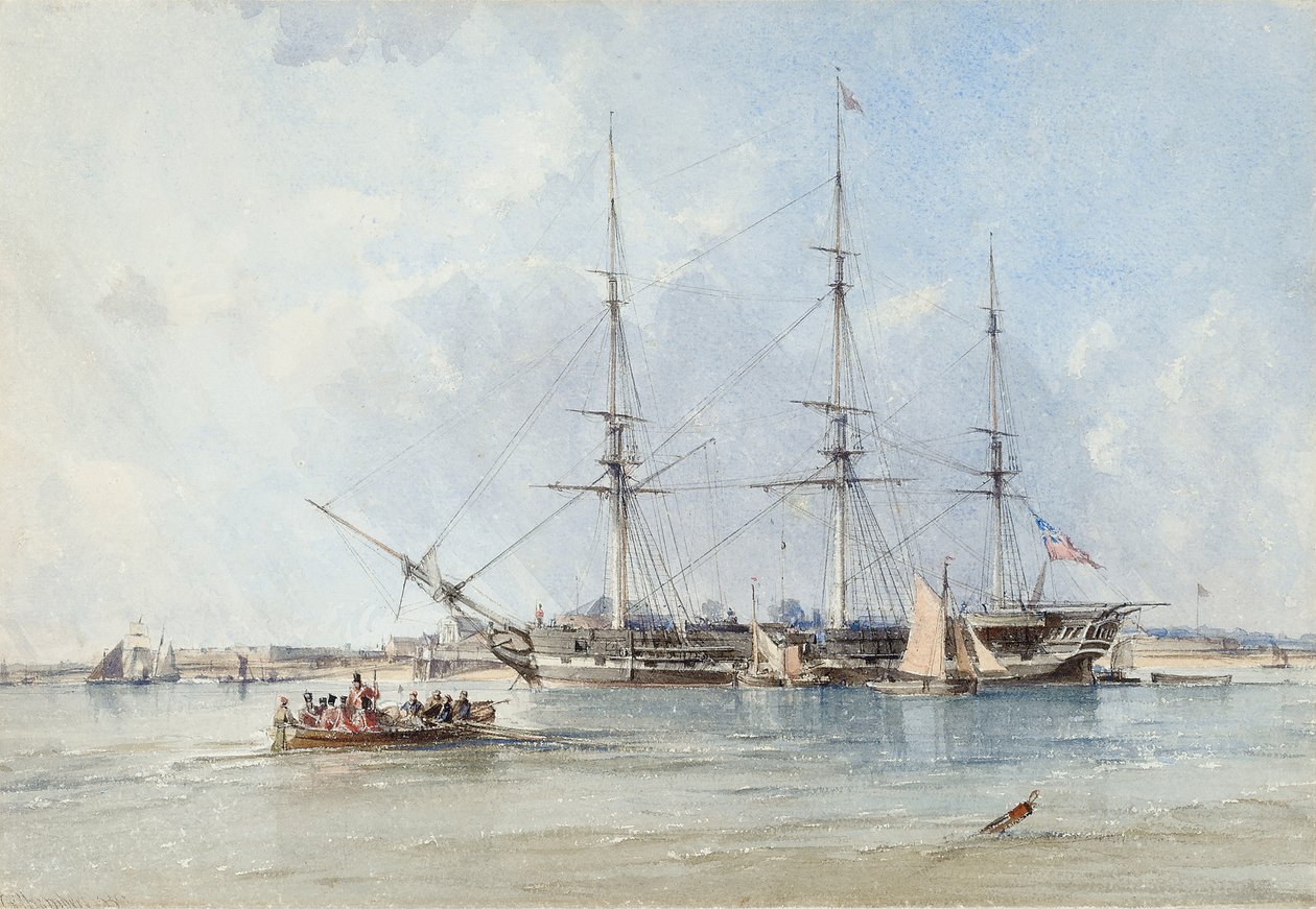 Blackwall-fregatten Seringapatam for anker ud for Tilbury Fort af George the Elder Chambers