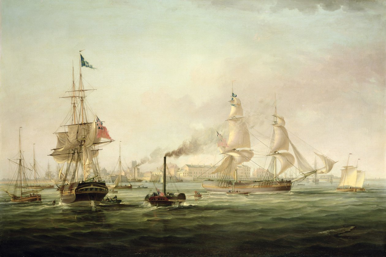 Udsigt over Hulls havn med Spartan (olie på lærred) af George the Elder Chambers