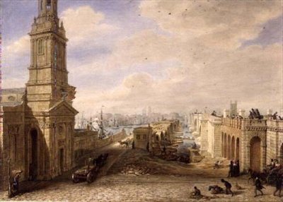 Old London Bridge med opførelsen af den nye bro ved siden af af George the Elder Scharf
