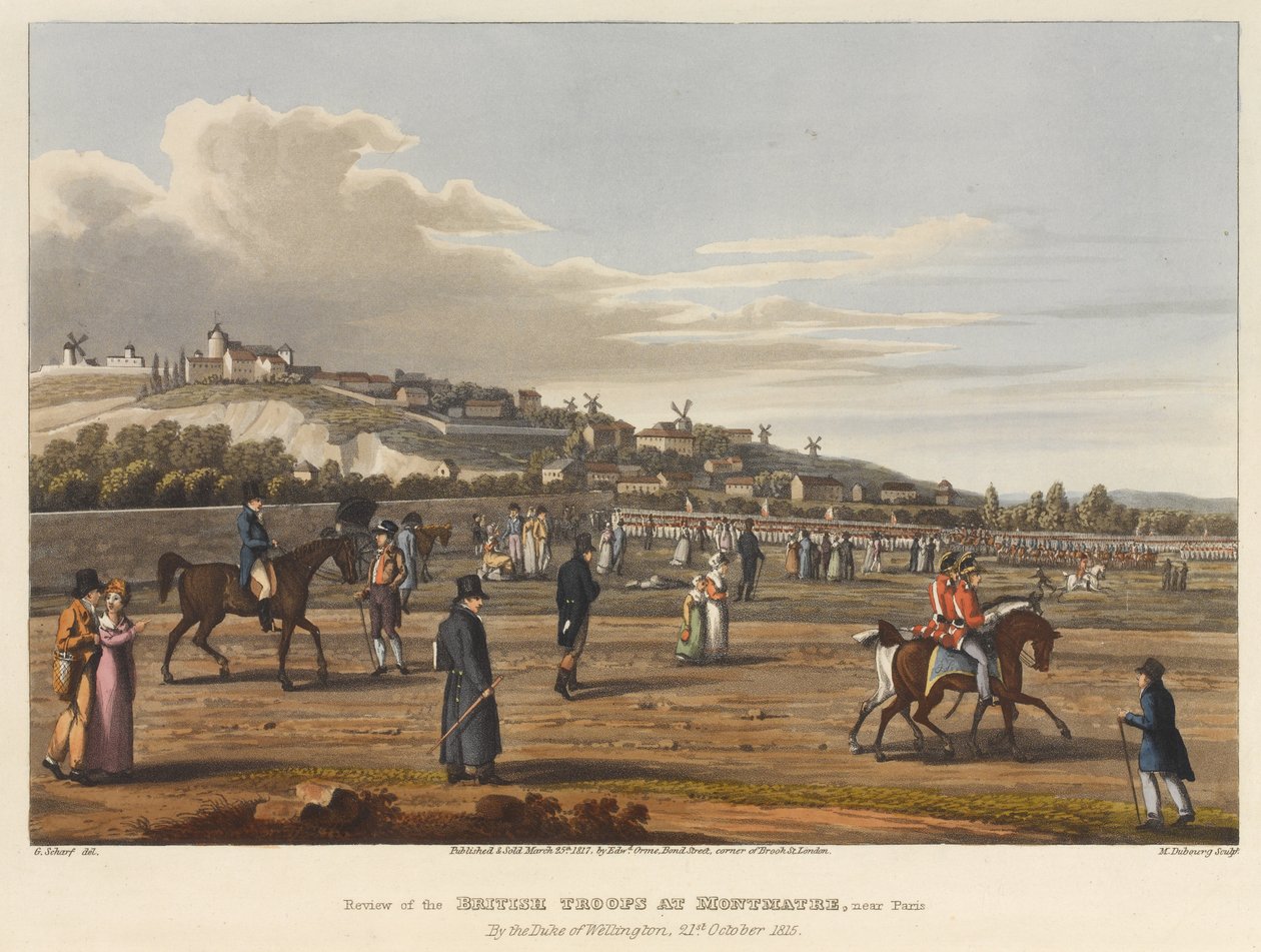 Gennemgang af de britiske tropper ved Montmatre [sic], nær Paris, af hertugen af Wellington, 21. oktober 1815, indgraveret af M. Dubourg, 1819 (farvet akvatint) af George the Elder Scharf