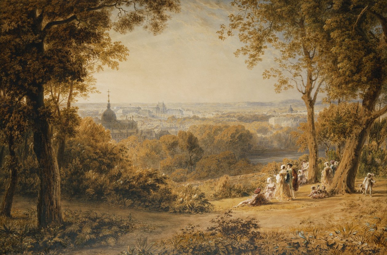 En udsigt over Versailles med elegante figurer i forgrunden ved solnedgang, af George the Younger Barret
