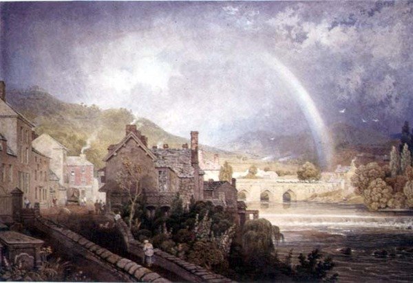 Landsbyen og broen i Llangollen, Nordwales, med regnbueeffekt af George the Younger Barret