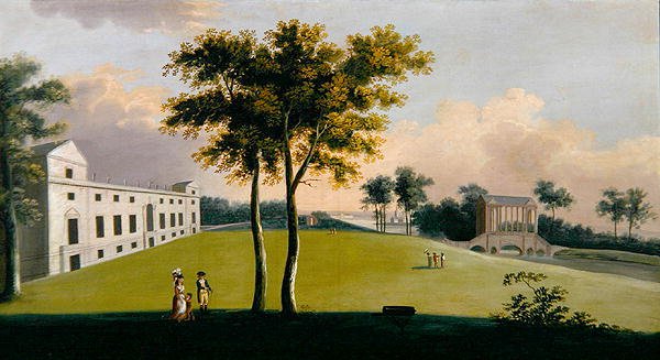 Sydfronten af Wilton House og Palladian Bridge of the East, Salisbury (olie på lærred) af George the Younger Cuitt