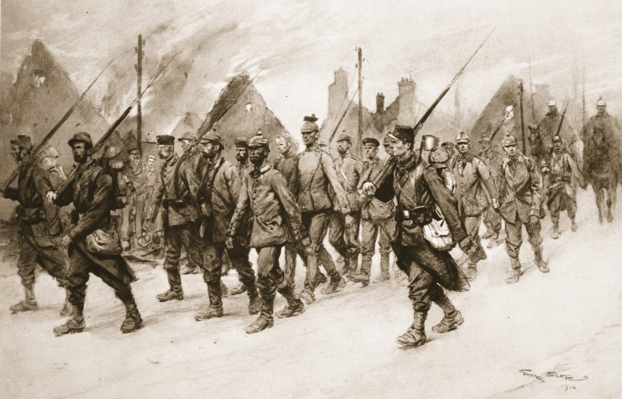 Hver især et led i beviskæden for fjendens styrker: Tyske fanger under en fransk vagt, fra "The Illustrated War News af Georges Bertin Scott