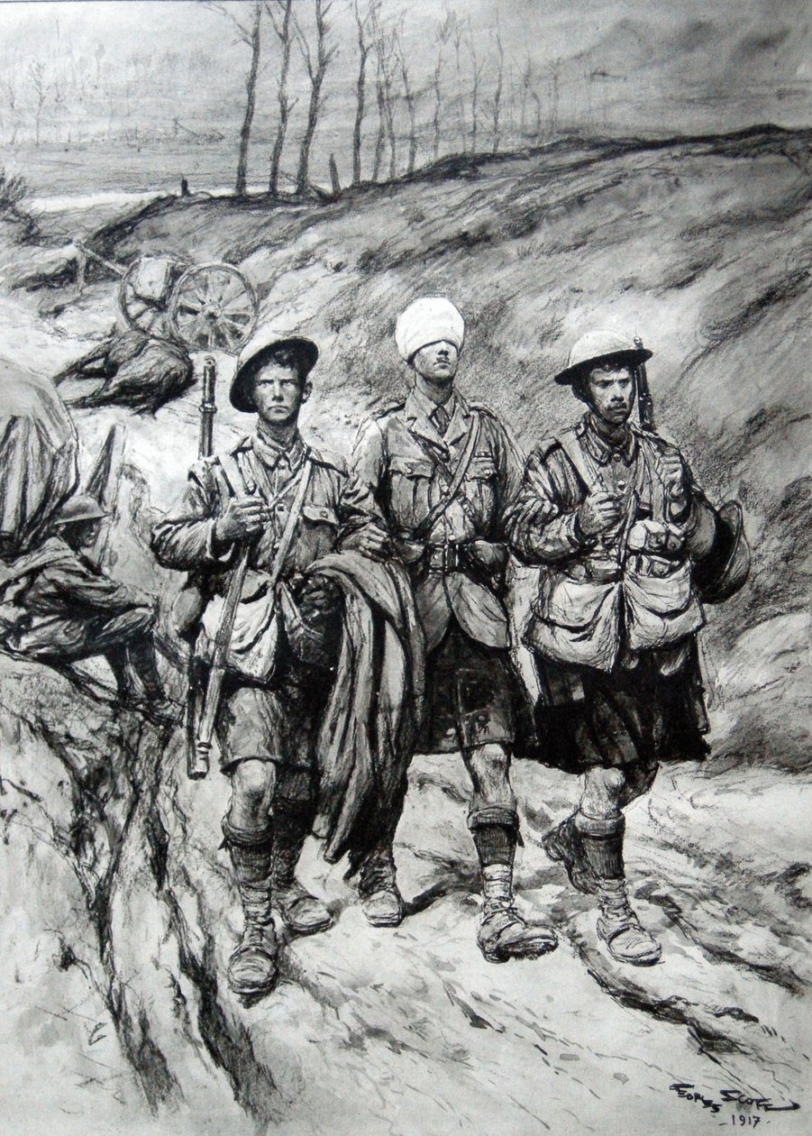Skotske soldater hjælper deres sårede officer, 1917 af Georges Bertin Scott