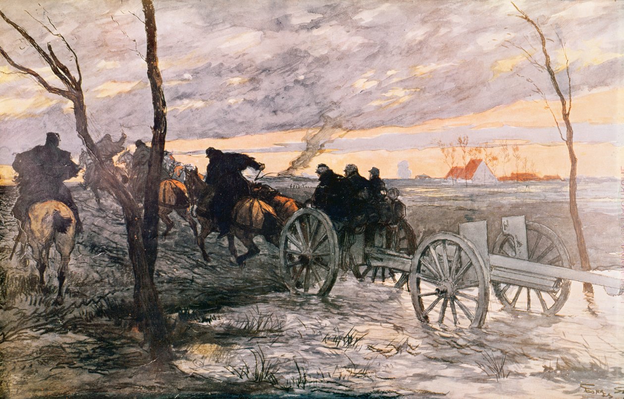 Solnedgang i Yser-dalen: en 75 kanon bliver kørt til en strategisk position, ca. 1914 af Georges Bertin Scott
