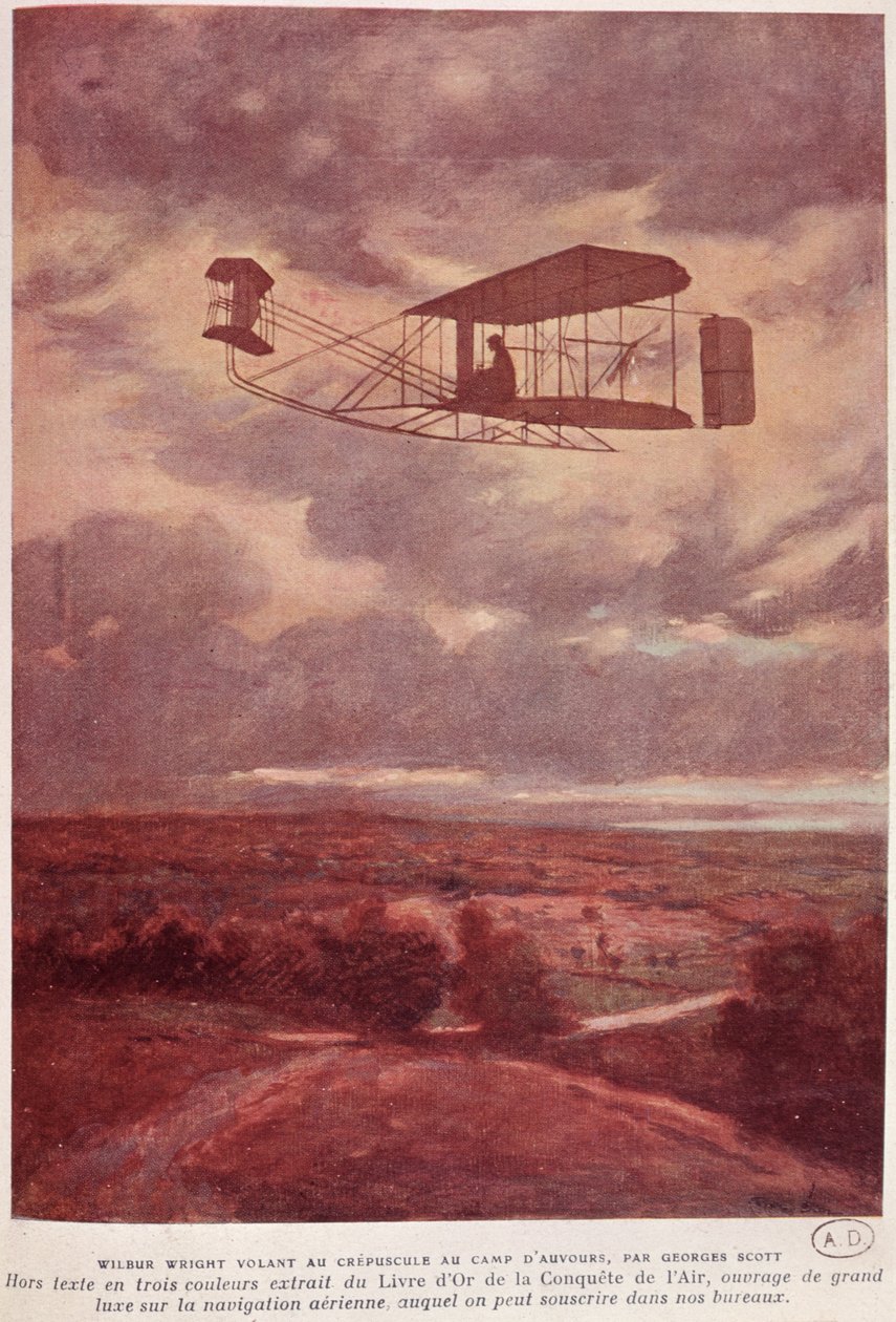 Wilbur Wright (1867-1912) under sin rekordstore natflyvning ved Camp d