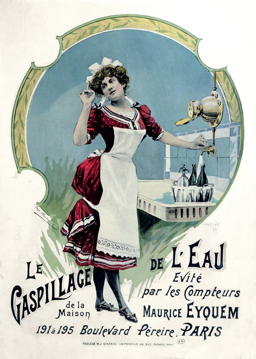 "Vandspild undgås", reklame for Maurice Eyquem-vandmålere, 1898 af Georges Blott