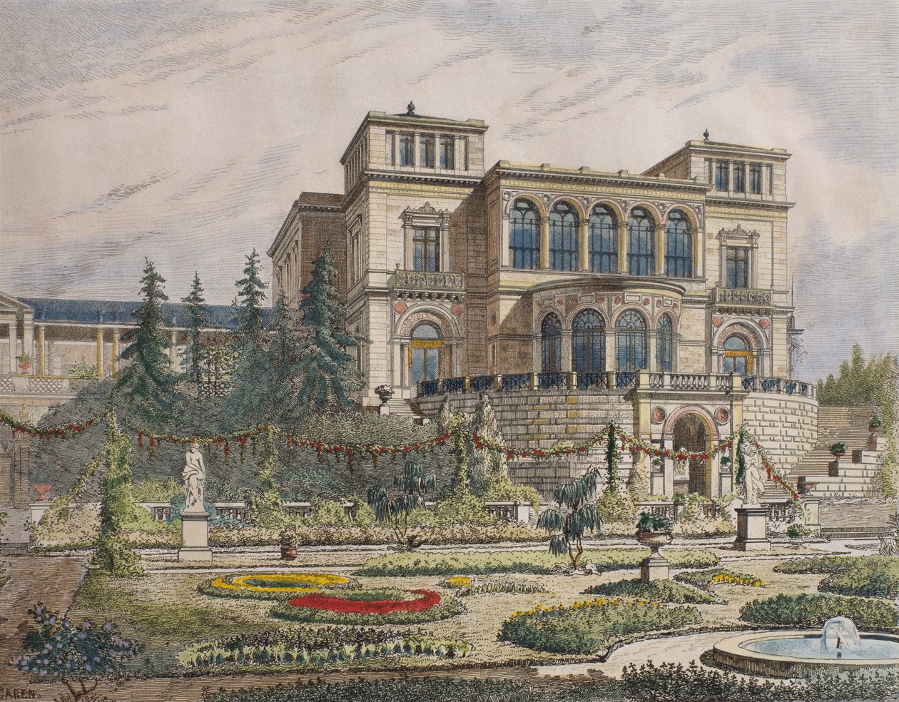 Slot nær Stuttgart, verandafacade, illustration fra 