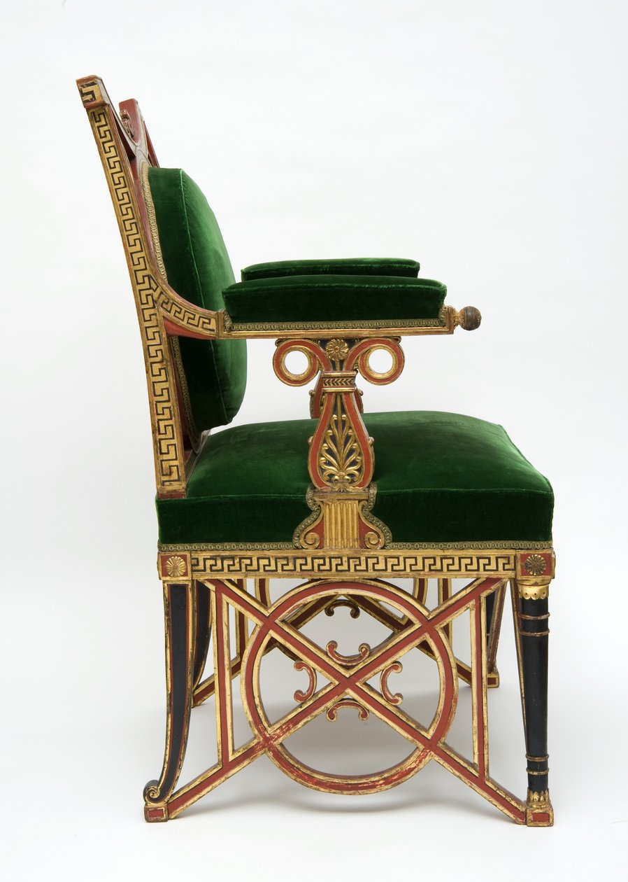 Fauteuil, ca. 1785-90 (blødt træ med forgyldning og grønt fløjl) af Georges Jacob