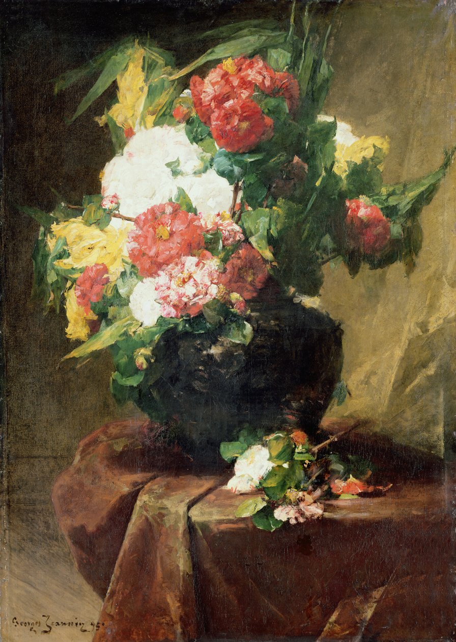 Pæoner i en vase på et draperet bord. 1895 af Georges Jeannin